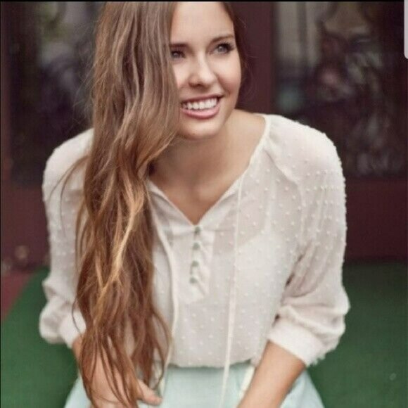 Matilda Jane Blouse Womens Medium Serendipity Tapioca Swiss Dot Peasant Top - Picture 1 of 6